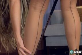 Blonde babe with long legs and short strokes enjoys solo foot fetish fun