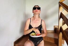 Yes, I'm a young MILF. I eat food seductively and show my breasts