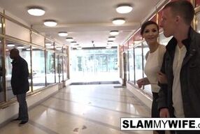 Busty brunette gets banged in front of her guy