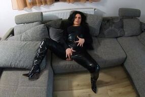 The nympho wife have cum on her Latex jumpsuit, high heels and fur-vest 246 - preview
