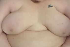 Thick chubby nerdy girl with big natural tits gets a messy massive cumshot on belly and pussy